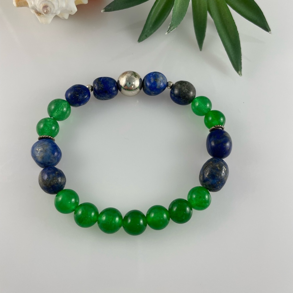 Sterling Silver Nugget Lapis Lazuli, Green Onyx Healing Crystal Beaded Bracelet